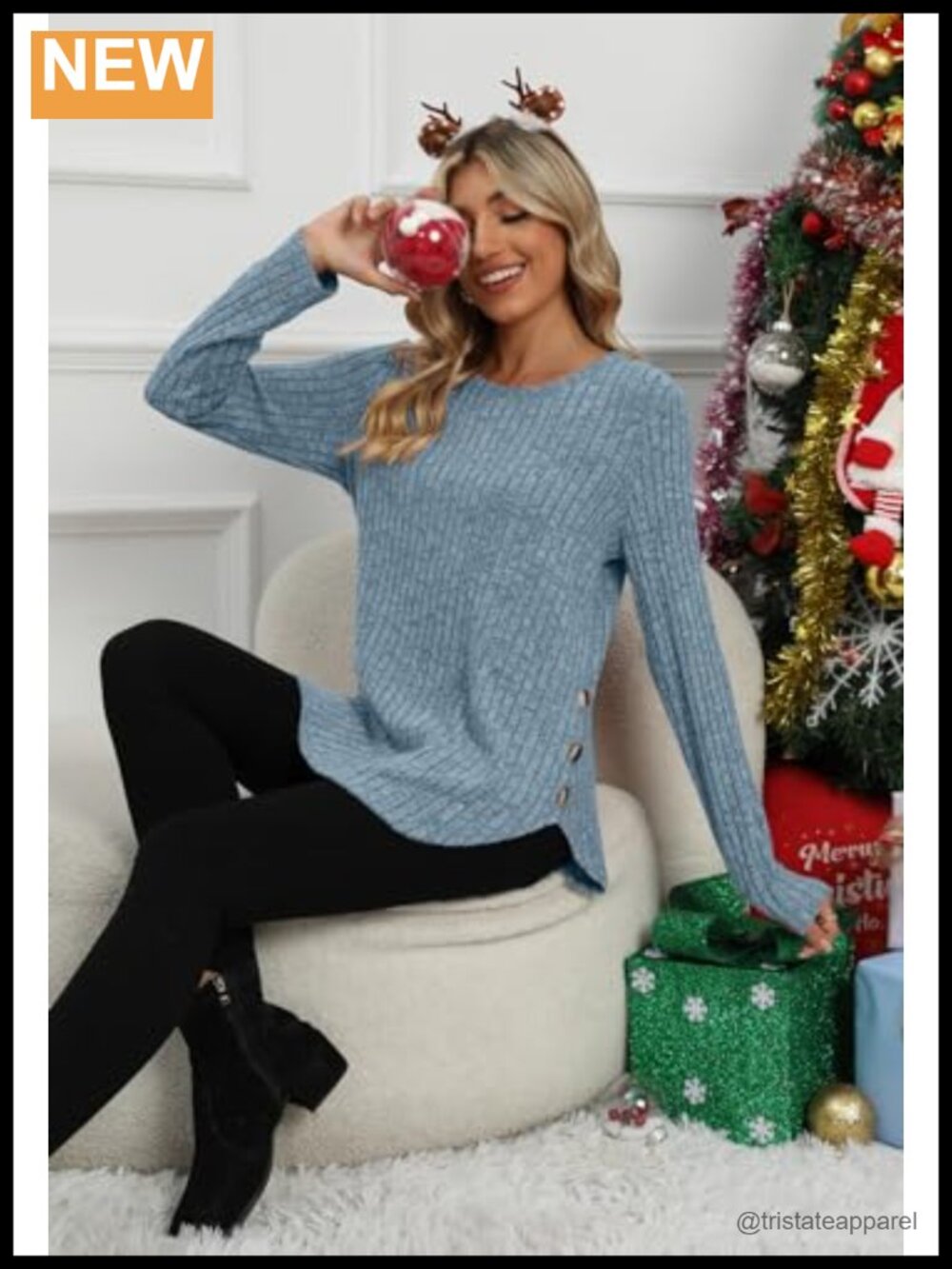 Long Sleeve Ribbed Knit Tunic Top Loose Fit Fall Sweater with Leggings - Picture 2 of 6